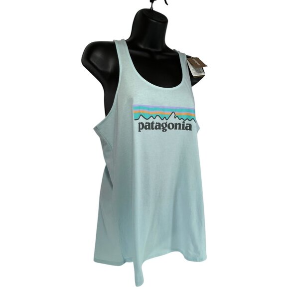 PATAGONIA Tank Top Sz M Blue Logo Graphic Print Organic Cotton Racerback Tank - Picture 2 of 9